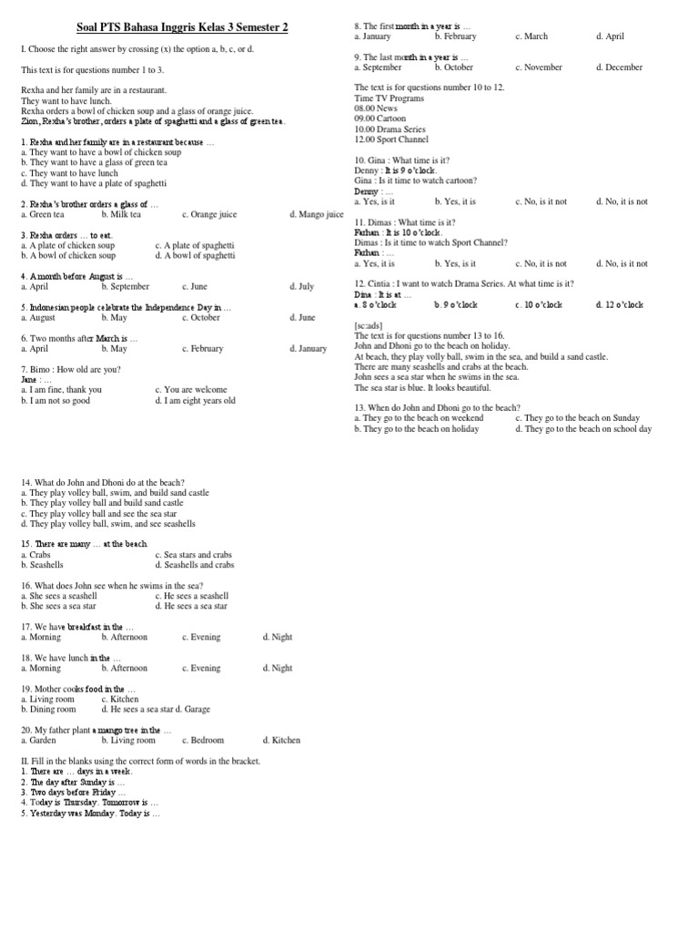 Ringkasan Soal Bahasa Mandarin Kelas 3